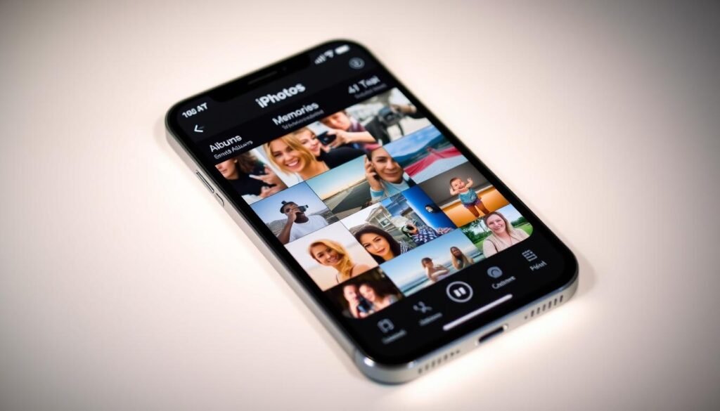 A beautifully designed iPhone's Photos app interface, with a clean and modern user experience. The app's main screen displays a grid of crisp, high-resolution thumbnail images, showcasing various snapshots captured by the user. The interface has a sleek and intuitive layout, with well-defined sections for Albums, Memories, and Shared Albums. Soft, diffused lighting illuminates the screen, creating a warm and inviting atmosphere. The app's controls and icons are elegantly designed, offering a seamless and responsive navigation experience. The overall aesthetic is polished and visually appealing, reflecting the attention to detail and user-centric design principles that are hallmarks of Apple's product ecosystem. A beautifully designed iPhone's Photos app interface, with a clean and modern user experience. The app's main screen displays a grid of crisp, high-resolution thumbnail images, showcasing various snapshots captured by the user. The interface has a sleek and intuitive layout, with well-defined sections for Albums, Memories, and Shared Albums. Soft, diffused lighting illuminates the screen, creating a warm and inviting atmosphere. The app's controls and icons are elegantly designed, offering a seamless and responsive navigation experience. The overall aesthetic is polished and visually appealing, reflecting the attention to detail and user-centric design principles that are hallmarks of Apple's product ecosystem.