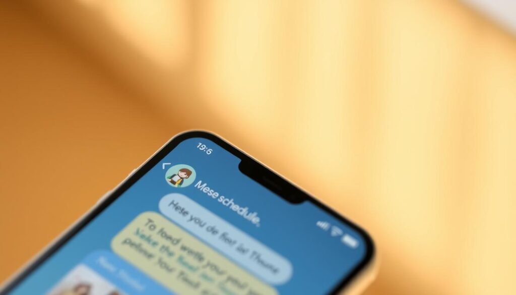 A bright, clean interface of the Messages app on an iPhone, showcasing the scheduling feature. The foreground displays the message composition screen with a calendar icon and time picker, hinting at the scheduling functionality. The middle ground features the app's familiar chat bubbles and interface elements, while the background subtly blurs to emphasize the focal point. Warm, natural lighting illuminates the scene, creating a sense of clarity and ease of use. The overall aesthetic is modern, intuitive, and aligned with the iOS 18+ design language. A bright, clean interface of the Messages app on an iPhone, showcasing the scheduling feature. The foreground displays the message composition screen with a calendar icon and time picker, hinting at the scheduling functionality. The middle ground features the app's familiar chat bubbles and interface elements, while the background subtly blurs to emphasize the focal point. Warm, natural lighting illuminates the scene, creating a sense of clarity and ease of use. The overall aesthetic is modern, intuitive, and aligned with the iOS 18+ design language.