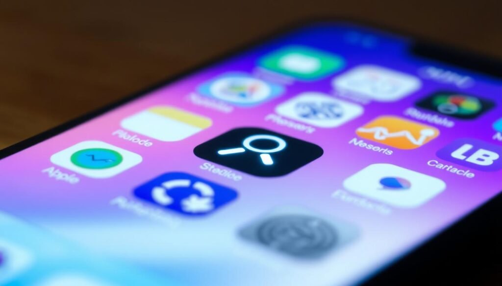 A bright iPhone home screen fills the frame, its icons arranged in a grid. In the center, a magnifying glass icon glows, pulsing with energy. The background is a soft gradient, transitioning from warm hues to cool blues, creating a sense of depth and focus on the search icon. Subtle light reflects off the device's glossy surface, adding a touch of realism. The angle is slightly elevated, giving the impression of gazing down at the iPhone, as if discovering hidden functionality within. A bright iPhone home screen fills the frame, its icons arranged in a grid. In the center, a magnifying glass icon glows, pulsing with energy. The background is a soft gradient, transitioning from warm hues to cool blues, creating a sense of depth and focus on the search icon. Subtle light reflects off the device's glossy surface, adding a touch of realism. The angle is slightly elevated, giving the impression of gazing down at the iPhone, as if discovering hidden functionality within.