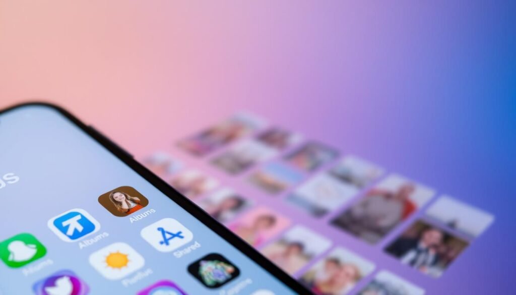 A clean, well-lit iPhone screen displaying the Photos app interface. The foreground shows the app's main menu with vibrant, high-resolution icons for albums, shared, and other key features. In the middle ground, an array of neatly organized photo thumbnails in various orientations, hinting at the app's robust storage and organization capabilities. The background depicts a soft, blurred gradient in subtle hues, creating a sense of depth and focus on the app's functionality. The overall scene conveys a polished, modern, and intuitive user experience optimized for creative photo management on a mobile device. A clean, well-lit iPhone screen displaying the Photos app interface. The foreground shows the app's main menu with vibrant, high-resolution icons for albums, shared, and other key features. In the middle ground, an array of neatly organized photo thumbnails in various orientations, hinting at the app's robust storage and organization capabilities. The background depicts a soft, blurred gradient in subtle hues, creating a sense of depth and focus on the app's functionality. The overall scene conveys a polished, modern, and intuitive user experience optimized for creative photo management on a mobile device.