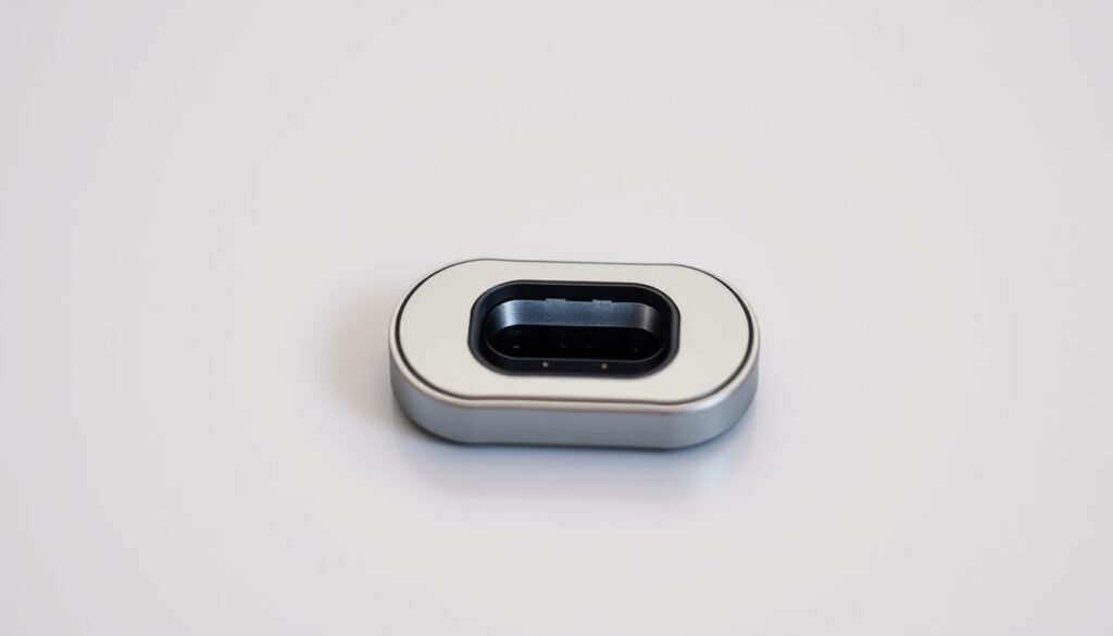 A close-up shot of a charging port on a modern smartphone, illuminated by soft, diffused lighting to highlight its intricate details. The port is in the center of the frame, surrounded by a clean, minimalist background that allows the subject to stand out. The metal edges of the port have a slightly reflective sheen, and the small aperture is clearly visible, suggesting its ability to accept a charging cable. The overall tone is one of simplicity and technical precision, conveying the importance of maintaining a clean and functional charging port.