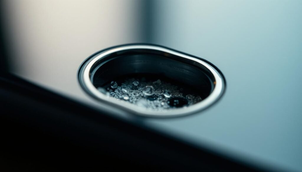 A close-up view of a charging port on a smartphone, captured with a macro lens. The port's metallic surface reflects the ambient lighting, highlighting the presence of moisture droplets and fine sand particles accumulated within. The scene conveys a sense of delicacy and the need for careful attention, as the charging mechanism could be compromised by the ingress of these unwanted elements. The lighting is soft and diffused, creating a moody, atmospheric tone that emphasizes the technical details of the subject. The composition places the port at the center, filling the frame and drawing the viewer's focus to the potential issue at hand.