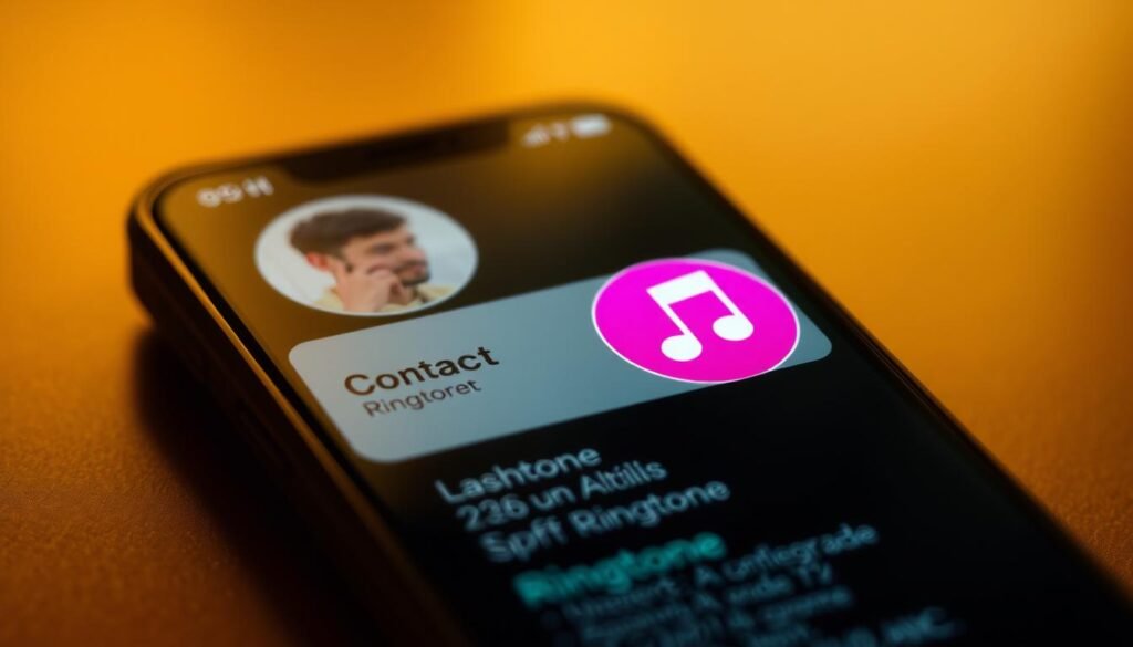 A close-up view of a smartphone screen displaying a contact profile, with a vibrant and personalized ringtone icon prominently featured. The screen is bathed in a warm, soft lighting, creating a cozy and inviting atmosphere. The contact's image is crisp and detailed, conveying a sense of familiarity and connection. The ringtone icon is designed with care, reflecting the unique personality and preferences of the individual. The background is slightly blurred, allowing the contact information and ringtone to be the focal point of the image, highlighting the importance of personalization in the mobile experience.