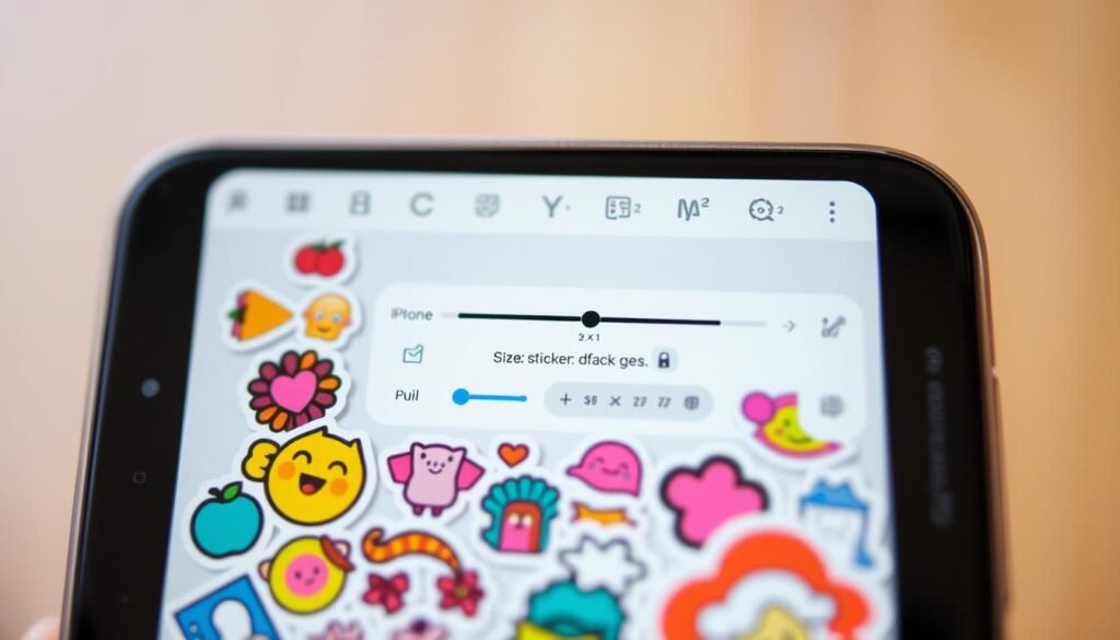 A close-up view of a smartphone screen, displaying a variety of customizable sticker effects. In the foreground, various sticker designs are showcased, including whimsical icons, vibrant patterns, and playful illustrations. The middle ground features a selection of editing tools, sliders, and buttons, allowing the user to adjust the size, opacity, and positioning of the stickers. The background is blurred, creating a depth of field that draws the viewer's attention to the interactive sticker customization process. The lighting is soft and natural, creating a warm and inviting atmosphere, as if captured in a well-lit studio. The overall composition is balanced and visually appealing, highlighting the versatility and creativity of the sticker customization experience. A close-up view of a smartphone screen, displaying a variety of customizable sticker effects. In the foreground, various sticker designs are showcased, including whimsical icons, vibrant patterns, and playful illustrations. The middle ground features a selection of editing tools, sliders, and buttons, allowing the user to adjust the size, opacity, and positioning of the stickers. The background is blurred, creating a depth of field that draws the viewer's attention to the interactive sticker customization process. The lighting is soft and natural, creating a warm and inviting atmosphere, as if captured in a well-lit studio. The overall composition is balanced and visually appealing, highlighting the versatility and creativity of the sticker customization experience.