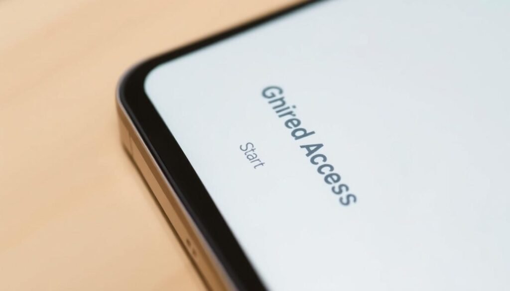 A close-up view of an iPhone screen displaying the Guided Access feature, with a minimalistic and focused interface. The screen is well-lit, capturing the sleek and modern aesthetic of the device. The UI elements, such as the toggle switch and the "Start" button, are prominently featured, conveying a sense of simplicity and ease of use. The background is blurred, placing the emphasis on the Guided Access screen itself, which occupies the majority of the frame. The image should communicate the idea of securely locking an iPhone to a single app, providing a clear visual representation of the section's title. A close-up view of an iPhone screen displaying the Guided Access feature, with a minimalistic and focused interface. The screen is well-lit, capturing the sleek and modern aesthetic of the device. The UI elements, such as the toggle switch and the "Start" button, are prominently featured, conveying a sense of simplicity and ease of use. The background is blurred, placing the emphasis on the Guided Access screen itself, which occupies the majority of the frame. The image should communicate the idea of securely locking an iPhone to a single app, providing a clear visual representation of the section's title.