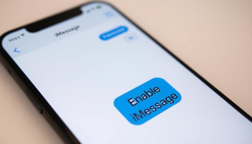 A close-up view of an iPhone screen displaying the iMessage app interface, with a clean and intuitive design. The foreground features the iMessage app icon and the words "Enable iMessage" prominently displayed, conveying a clear and simple message. The middle ground showcases the iMessage chat window, hinting at the app's functionality. The background is a soft, blurred gradient, creating a sense of depth and focus on the main subject. The lighting is natural and evenly distributed, highlighting the details of the iPhone's display. The angle is slightly angled, providing a dynamic and engaging perspective.