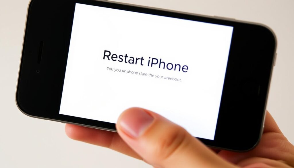 A close-up view of an iPhone screen displaying the "Restart iPhone" prompt, with a white background and subtle shadows. The iPhone is held in a human hand against a plain backdrop, showcasing the simple yet intuitive interface for rebooting the device. The lighting is natural and diffused, creating a clean and approachable atmosphere. The angle is slightly tilted to provide a clear and centered view of the screen, emphasizing the ease of the reboot process.