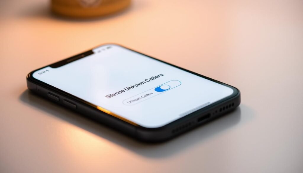 A close-up view of an iPhone screen displaying the "Silence Unknown Callers" setting, with a sleek, modern aesthetic. The screen is illuminated by soft, warm lighting, casting a gentle glow on the device. The background is blurred, hinting at a minimalist, distraction-free environment. The screen's interface is clean and intuitive, showcasing the toggle switch for the "Silence Unknown Callers" feature. The overall composition conveys a sense of control and simplicity, reflecting the ease of implementing this iPhone functionality. A close-up view of an iPhone screen displaying the "Silence Unknown Callers" setting, with a sleek, modern aesthetic. The screen is illuminated by soft, warm lighting, casting a gentle glow on the device. The background is blurred, hinting at a minimalist, distraction-free environment. The screen's interface is clean and intuitive, showcasing the toggle switch for the "Silence Unknown Callers" feature. The overall composition conveys a sense of control and simplicity, reflecting the ease of implementing this iPhone functionality.