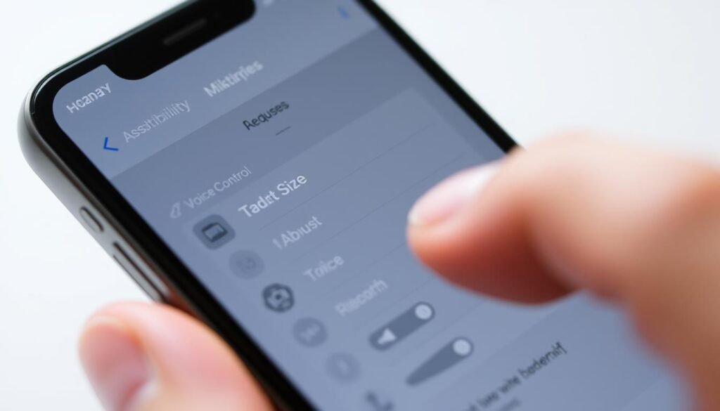 A close-up view of an iPhone screen showcasing accessibility features for users with physical limitations. The foreground displays a magnified display with clear, high-contrast icons and settings for adjusting text size, voice control, and other assistive tools. The middle ground features a hand gently interacting with the touchscreen, emphasizing the intuitive, inclusive design. The background is subtly blurred, drawing the viewer's attention to the accessible functionality at the center of the frame. The lighting is soft and diffused, creating a calming, approachable atmosphere that underscores the accessibility-focused experience. A close-up view of an iPhone screen showcasing accessibility features for users with physical limitations. The foreground displays a magnified display with clear, high-contrast icons and settings for adjusting text size, voice control, and other assistive tools. The middle ground features a hand gently interacting with the touchscreen, emphasizing the intuitive, inclusive design. The background is subtly blurred, drawing the viewer's attention to the accessible functionality at the center of the frame. The lighting is soft and diffused, creating a calming, approachable atmosphere that underscores the accessibility-focused experience.