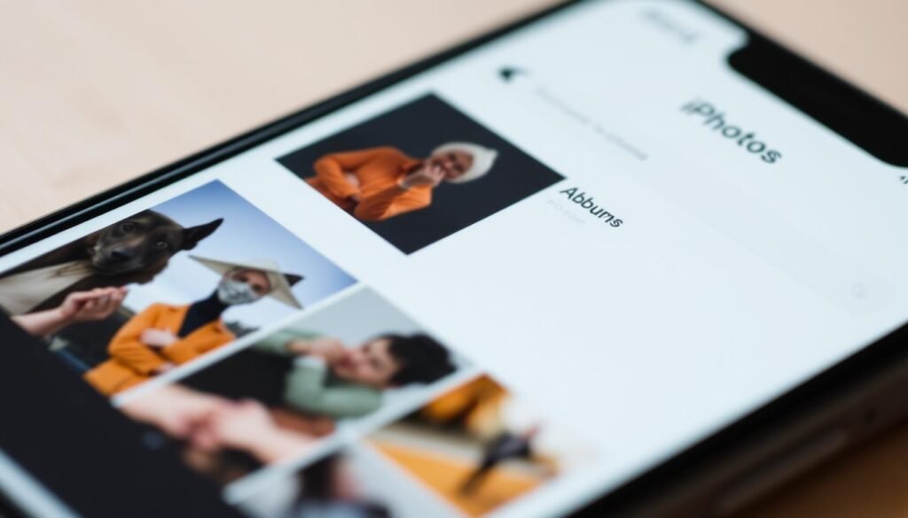 A close-up view of an iPhone's Photos app interface, showcasing a clean, minimalist design with neatly organized photo thumbnails. The screen is well-lit, with a soft, natural-looking lighting that emanates a sense of simplicity and user-friendliness. The camera lens is positioned slightly above the center of the display, capturing the app's intuitive layout and the smooth, responsive interactions of a user's fingers navigating through the various photo albums and editing tools. The overall atmosphere conveys a sense of ease and efficiency, reflecting the app's role in facilitating the creation and curation of personal visual memories on the iPhone. A close-up view of an iPhone's Photos app interface, showcasing a clean, minimalist design with neatly organized photo thumbnails. The screen is well-lit, with a soft, natural-looking lighting that emanates a sense of simplicity and user-friendliness. The camera lens is positioned slightly above the center of the display, capturing the app's intuitive layout and the smooth, responsive interactions of a user's fingers navigating through the various photo albums and editing tools. The overall atmosphere conveys a sense of ease and efficiency, reflecting the app's role in facilitating the creation and curation of personal visual memories on the iPhone.