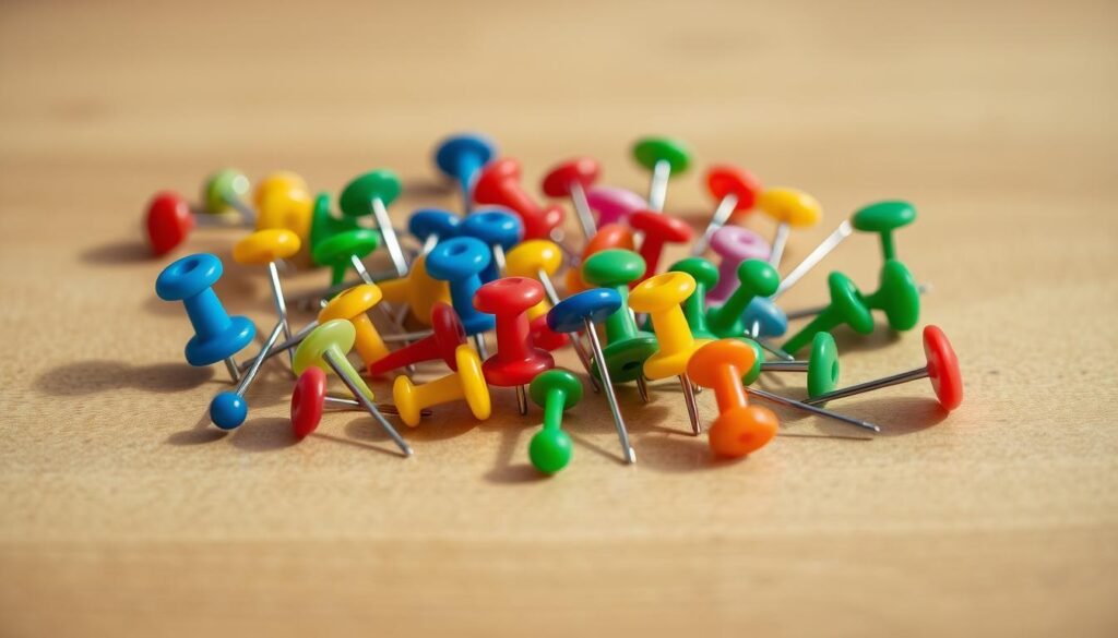 A collection of colorful pushpins and thumbtacks neatly arranged on a wooden surface, with a subtle reflection visible below. The pins have a range of shapes and sizes, including classic round-headed pins, flat-topped tacks, and decorative push pins in various hues like red, blue, green, and yellow. The lighting is soft and natural, creating gentle shadows and highlights that emphasize the tactile quality of the pins. The overall composition is clean, well-organized, and visually appealing, conveying a sense of order and professionalism. The background is slightly blurred, keeping the focus firmly on the carefully curated assortment of pinned elements. A collection of colorful pushpins and thumbtacks neatly arranged on a wooden surface, with a subtle reflection visible below. The pins have a range of shapes and sizes, including classic round-headed pins, flat-topped tacks, and decorative push pins in various hues like red, blue, green, and yellow. The lighting is soft and natural, creating gentle shadows and highlights that emphasize the tactile quality of the pins. The overall composition is clean, well-organized, and visually appealing, conveying a sense of order and professionalism. The background is slightly blurred, keeping the focus firmly on the carefully curated assortment of pinned elements.