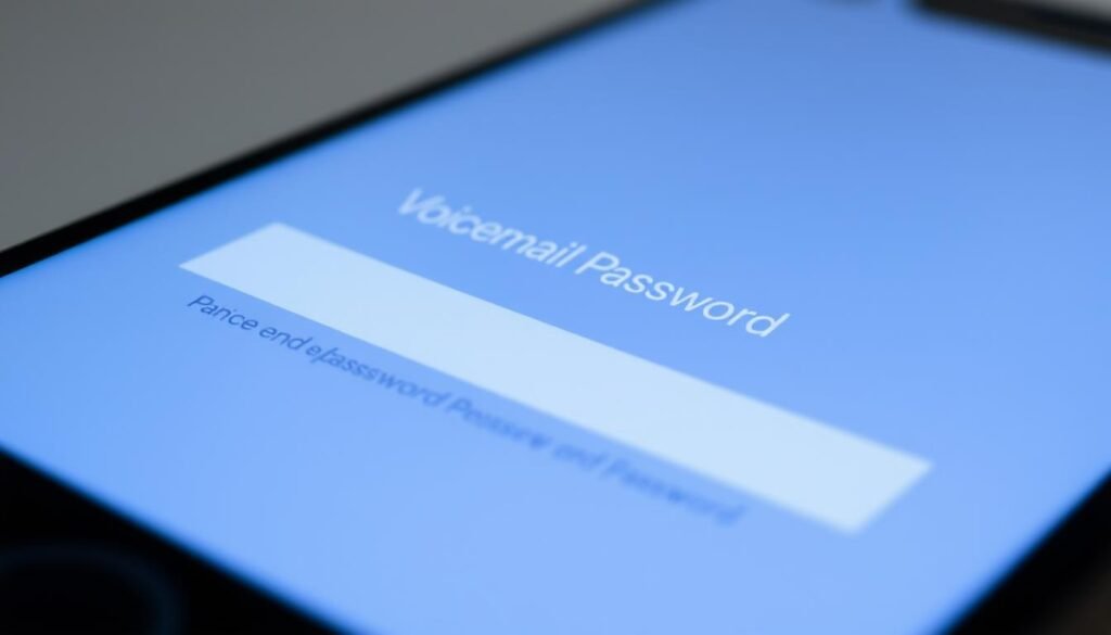 A crisp, high-resolution close-up of a modern smartphone screen displaying the "Voicemail Password" settings interface. The interface is minimalist and intuitive, with clearly labeled input fields and icons. The screen is brightly lit, with a soft, diffused glow illuminating the interface elements. The background is blurred, placing the focus squarely on the password-changing functionality. The overall mood is one of simplicity, efficiency, and user-friendliness, reflecting the straightforward nature of the task at hand.