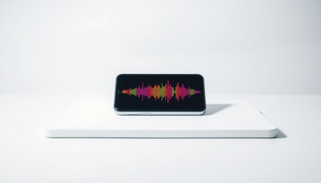 A custom ringtone sits on a sleek, minimalist desk, surrounded by a pristine white background. The ringtone, a vibrant and colorful waveform, is the focal point, captured in a tightly framed shot that highlights its intricate design. Soft, directional lighting casts subtle shadows, adding depth and dimensionality to the scene. The overall mood is clean, modern, and visually captivating, inviting the viewer to imagine the unique sound of this personalized ringtone.