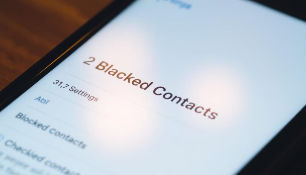 A detailed, close-up view of an iPhone's Settings app, highlighting the "Blocked Contacts" section. The screen is illuminated by a warm, soft light, creating a serene and focused atmosphere. The interface elements are crisp, with a clean, minimalist design, allowing the user to easily navigate and identify the blocked contacts. The background is slightly blurred, subtly drawing the viewer's attention to the key information displayed on the screen. A detailed, close-up view of an iPhone's Settings app, highlighting the "Blocked Contacts" section. The screen is illuminated by a warm, soft light, creating a serene and focused atmosphere. The interface elements are crisp, with a clean, minimalist design, allowing the user to easily navigate and identify the blocked contacts. The background is slightly blurred, subtly drawing the viewer's attention to the key information displayed on the screen.