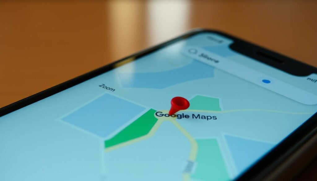 A detailed, high-resolution image of the Google Maps application interface displayed on an iPhone screen. The foreground shows the map view, with a prominent red location pin dropped in the center. The middle ground features the Google Maps UI elements such as the search bar, menu buttons, and zoom controls. The background showcases the iPhone's rounded corners, polished glass screen, and a subtle reflection. The scene is illuminated by soft, even lighting, capturing the sleek, modern aesthetic of both the iPhone and Google Maps. The overall mood is one of functionality and usability, reflecting the purpose of the image to illustrate the process of dropping a pin on iPhone in Google Maps. A detailed, high-resolution image of the Google Maps application interface displayed on an iPhone screen. The foreground shows the map view, with a prominent red location pin dropped in the center. The middle ground features the Google Maps UI elements such as the search bar, menu buttons, and zoom controls. The background showcases the iPhone's rounded corners, polished glass screen, and a subtle reflection. The scene is illuminated by soft, even lighting, capturing the sleek, modern aesthetic of both the iPhone and Google Maps. The overall mood is one of functionality and usability, reflecting the purpose of the image to illustrate the process of dropping a pin on iPhone in Google Maps.