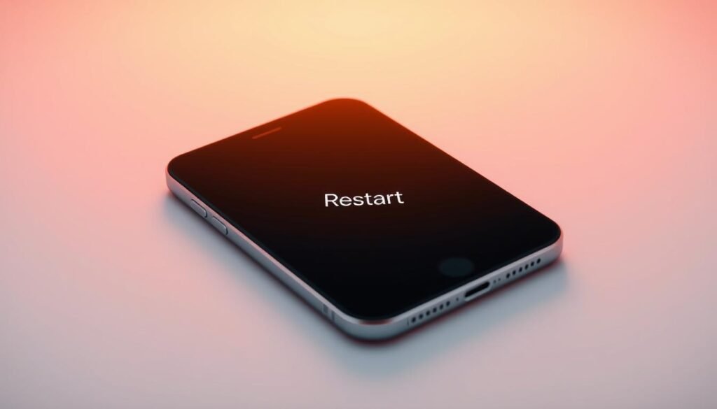 A digital representation of an iPhone's display, showing the "Restart" option prominently in the center. The screen is bathed in a soft, warm glow, creating a serene atmosphere. The background is a minimalist, gradient-based design, complementing the device's sleek aesthetic. The image conveys a sense of simplicity and ease, emphasizing the straightforward nature of restarting an iPhone without physical buttons. Attention to detail is paramount, ensuring the interface elements are crisp, legible, and true to the actual iPhone interface.