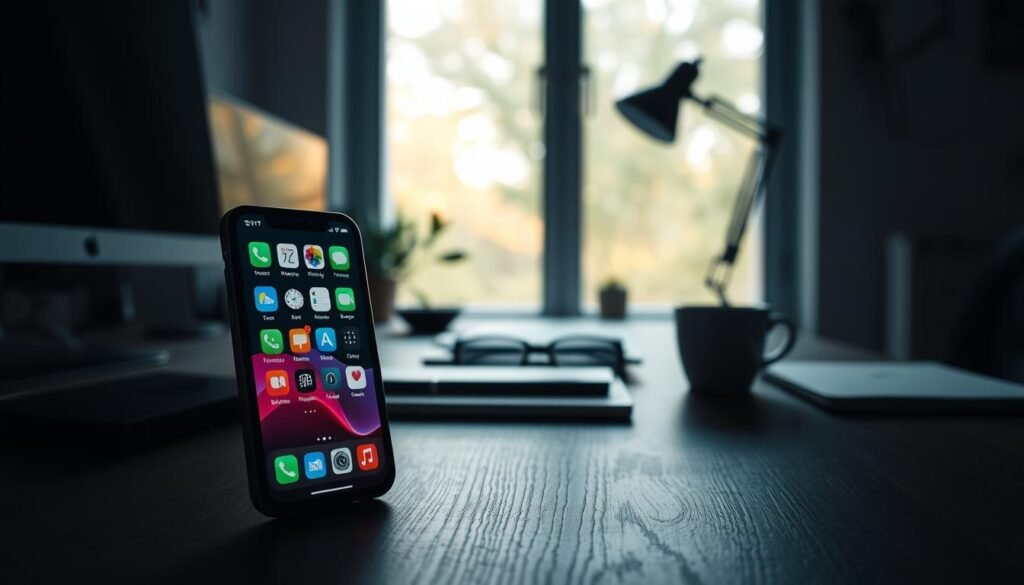 A dimly lit, modern home office setup. In the foreground, a sleek iPhone is prominently displayed, its screen illuminated with various apps and notifications. The middle ground features a minimalist wooden desk, with a cup of coffee and a pair of reading glasses hinting at a productive, yet distracted, work environment. In the background, a large window allows natural light to filter in, casting a soft, ambient glow over the scene. The overall mood is one of digital immersion, blending the physical and virtual worlds, raising questions about the balance between productivity, privacy, and the ever-present allure of the screen. A dimly lit, modern home office setup. In the foreground, a sleek iPhone is prominently displayed, its screen illuminated with various apps and notifications. The middle ground features a minimalist wooden desk, with a cup of coffee and a pair of reading glasses hinting at a productive, yet distracted, work environment. In the background, a large window allows natural light to filter in, casting a soft, ambient glow over the scene. The overall mood is one of digital immersion, blending the physical and virtual worlds, raising questions about the balance between productivity, privacy, and the ever-present allure of the screen.