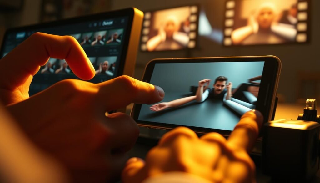 A dynamic, visually engaging image depicting the "Pro tips for smoother, more watchable fast-motion videos" section. A cinematic close-up shot showcasing the critical steps involved in speeding up iPhone videos, captured with a high-quality DSLR camera. Warm, directional lighting accentuates the action, creating a sense of energy and movement. The foreground features a hand manipulating video editing software, while the middle ground displays a smartphone displaying a fast-paced video sequence. The background subtly incorporates visual cues related to video production, such as filmstrip frames or subtle video waveforms, establishing the technical nature of the subject matter. The overall composition and styling convey a polished, professional aesthetic suitable for an instructional article.