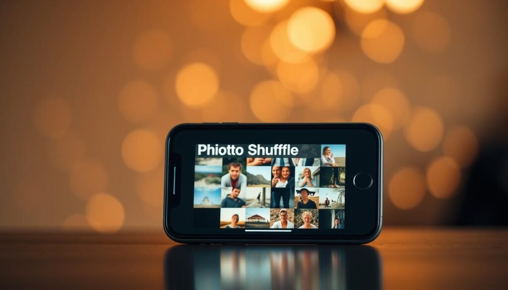 A high-resolution, cinematic photograph of an iPhone screen displaying the "Photo Shuffle" feature, set against a blurred, bokeh-filled background. The screen shows a collection of various images transitioning seamlessly, creating a visually dynamic and captivating display. The lighting is soft and natural, with warm hues and a subtle depth of field that draws the viewer's attention to the phone's display. The composition is clean and well-balanced, showcasing the iPhone's sleek design and the intuitive "Photo Shuffle" functionality in an inviting and aesthetically pleasing manner. A high-resolution, cinematic photograph of an iPhone screen displaying the "Photo Shuffle" feature, set against a blurred, bokeh-filled background. The screen shows a collection of various images transitioning seamlessly, creating a visually dynamic and captivating display. The lighting is soft and natural, with warm hues and a subtle depth of field that draws the viewer's attention to the phone's display. The composition is clean and well-balanced, showcasing the iPhone's sleek design and the intuitive "Photo Shuffle" functionality in an inviting and aesthetically pleasing manner.