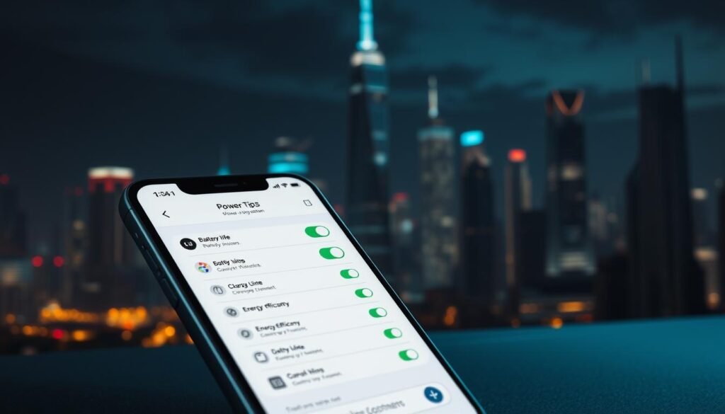 A high-resolution, detailed image of various power tips for the iPhone 16. The foreground features a sleek, silver iPhone 16 displaying a clean, minimalist interface showcasing different power optimization settings. In the middle ground, glowing icons and visualizations illustrate battery life, charging, and energy efficiency options. The background depicts a dimly lit, futuristic cityscape with towering skyscrapers and a night sky illuminated by a vibrant, neon-colored grid. Dramatic, cinematic lighting casts dramatic shadows and highlights the innovative power features of the iPhone 16. A high-resolution, detailed image of various power tips for the iPhone 16. The foreground features a sleek, silver iPhone 16 displaying a clean, minimalist interface showcasing different power optimization settings. In the middle ground, glowing icons and visualizations illustrate battery life, charging, and energy efficiency options. The background depicts a dimly lit, futuristic cityscape with towering skyscrapers and a night sky illuminated by a vibrant, neon-colored grid. Dramatic, cinematic lighting casts dramatic shadows and highlights the innovative power features of the iPhone 16.