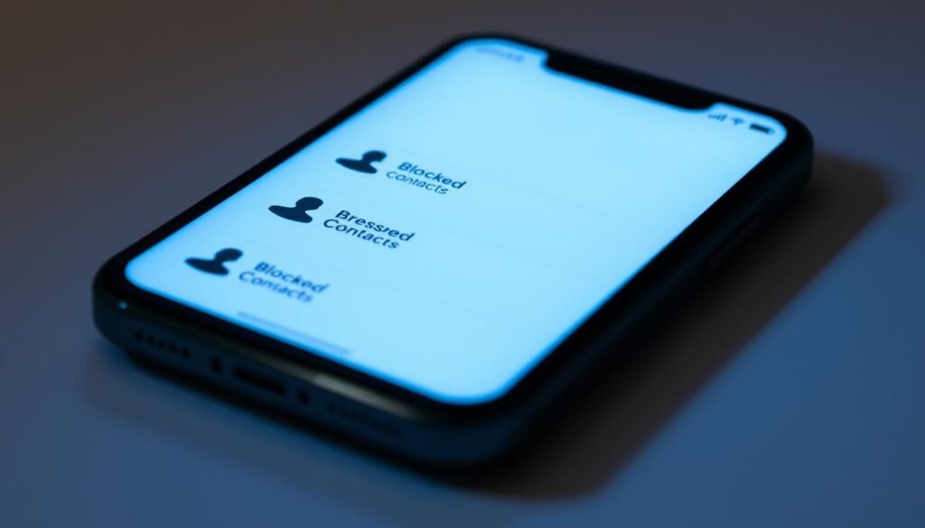 A minimalist smartphone screen displaying a list of blocked contacts, represented by silhouetted profile icons. The screen is illuminated with a cool, muted tone, creating a sense of privacy and control. The background is a softly blurred gradient, placing the focus on the central interface. Subtle shadows and highlights accentuate the depth and tactility of the display, suggesting a high-quality, premium device. The overall composition conveys a sense of organization, security, and the user's ability to manage their digital connections. A minimalist smartphone screen displaying a list of blocked contacts, represented by silhouetted profile icons. The screen is illuminated with a cool, muted tone, creating a sense of privacy and control. The background is a softly blurred gradient, placing the focus on the central interface. Subtle shadows and highlights accentuate the depth and tactility of the display, suggesting a high-quality, premium device. The overall composition conveys a sense of organization, security, and the user's ability to manage their digital connections.