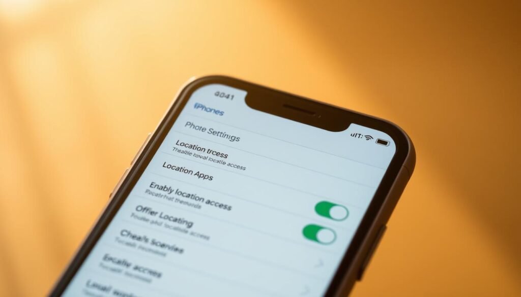 A mobile phone screen displays the location settings interface, with options to enable or disable location access for individual apps. The screen is bathed in warm, natural lighting, creating a soft, inviting atmosphere. The layout is clean and intuitive, with clearly labeled settings and toggles. The background is blurred, placing the focus on the foreground settings menu. The overall composition conveys a sense of simplicity and user-friendliness, reflecting the ease of managing location permissions for apps on an iPhone. A mobile phone screen displays the location settings interface, with options to enable or disable location access for individual apps. The screen is bathed in warm, natural lighting, creating a soft, inviting atmosphere. The layout is clean and intuitive, with clearly labeled settings and toggles. The background is blurred, placing the focus on the foreground settings menu. The overall composition conveys a sense of simplicity and user-friendliness, reflecting the ease of managing location permissions for apps on an iPhone.