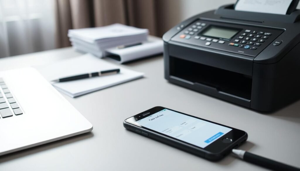 A modern office setup with a desk, a laptop, a smartphone, and a fax machine. The desk is neatly organized, with a stack of documents and a calculator. The fax machine is prominent, with its control panel and paper tray visible. The smartphone rests on the desk, its screen displaying a faxing interface. Soft, diffused lighting creates a professional, focused atmosphere. The overall scene conveys the idea of secure, cost-effective faxing from a mobile device. A modern office setup with a desk, a laptop, a smartphone, and a fax machine. The desk is neatly organized, with a stack of documents and a calculator. The fax machine is prominent, with its control panel and paper tray visible. The smartphone rests on the desk, its screen displaying a faxing interface. Soft, diffused lighting creates a professional, focused atmosphere. The overall scene conveys the idea of secure, cost-effective faxing from a mobile device.
