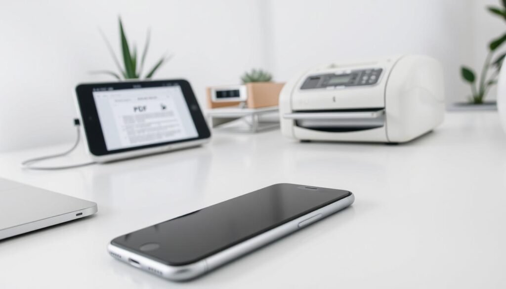 A neatly organized desk with a pristine white surface, bathed in soft, diffused lighting. In the foreground, a sleek, silver smartphone rests next to an open Notes app displaying a PDF document. Beside it, a vintage-inspired fax machine stands ready, its chrome accents gleaming. The background features a minimalist, clean-lined office environment, with subtle hints of greenery and a calming, neutral color palette. The overall scene conveys a sense of efficiency, professionalism, and the seamless integration of modern and traditional office tools. A neatly organized desk with a pristine white surface, bathed in soft, diffused lighting. In the foreground, a sleek, silver smartphone rests next to an open Notes app displaying a PDF document. Beside it, a vintage-inspired fax machine stands ready, its chrome accents gleaming. The background features a minimalist, clean-lined office environment, with subtle hints of greenery and a calming, neutral color palette. The overall scene conveys a sense of efficiency, professionalism, and the seamless integration of modern and traditional office tools.