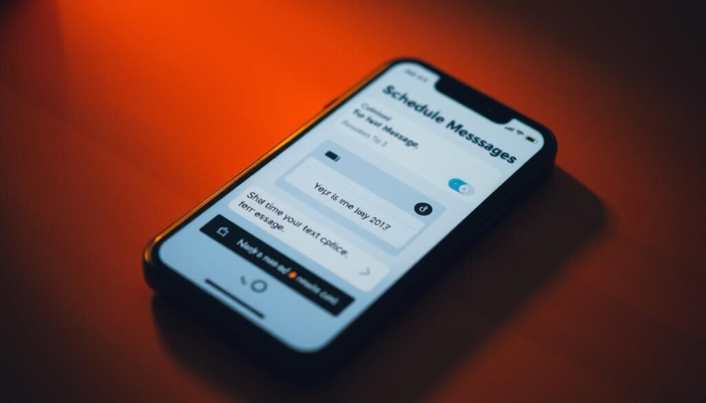 A neatly organized smartphone screen displaying a scheduling interface for text messages, bathed in soft, warm lighting that creates a focused, productivity-oriented atmosphere. The user interface features intuitive controls for setting the desired send time, customizing the message, and accessing additional options. The middle ground showcases a calendar view highlighting the scheduled delivery date, while the background subtly incorporates visual elements related to communication and productivity, such as subtle wireframe patterns or abstract shapes. The overall impression conveys a sense of efficiency, organization, and the power to take control of one's digital communication. A neatly organized smartphone screen displaying a scheduling interface for text messages, bathed in soft, warm lighting that creates a focused, productivity-oriented atmosphere. The user interface features intuitive controls for setting the desired send time, customizing the message, and accessing additional options. The middle ground showcases a calendar view highlighting the scheduled delivery date, while the background subtly incorporates visual elements related to communication and productivity, such as subtle wireframe patterns or abstract shapes. The overall impression conveys a sense of efficiency, organization, and the power to take control of one's digital communication.