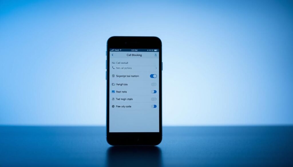 A professional, high-quality image depicting the blocking of "No Caller ID" calls on a smartphone, showcasing the process using carrier-provided tools in the United States. The scene should have a clean, minimalist aesthetic with the phone placed centrally, displaying a settings menu or interface for managing call blocking options. The background should be blurred, emphasizing the phone interface and conveying a sense of focus and functionality. Subtle lighting should create depth and highlight the phone's screen, with a cool, slightly blue-tinted color palette to evoke a modern, technological ambiance. The composition should be well-balanced, with the phone occupying a prominent position while leaving ample negative space to convey a sense of simplicity and ease of use. A professional, high-quality image depicting the blocking of "No Caller ID" calls on a smartphone, showcasing the process using carrier-provided tools in the United States. The scene should have a clean, minimalist aesthetic with the phone placed centrally, displaying a settings menu or interface for managing call blocking options. The background should be blurred, emphasizing the phone interface and conveying a sense of focus and functionality. Subtle lighting should create depth and highlight the phone's screen, with a cool, slightly blue-tinted color palette to evoke a modern, technological ambiance. The composition should be well-balanced, with the phone occupying a prominent position while leaving ample negative space to convey a sense of simplicity and ease of use.