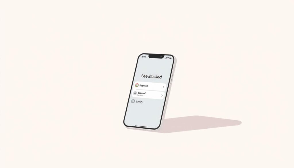 A serene, minimalist digital illustration depicting a mobile phone screen with a "See Blocked" interface. The screen is rendered in a soft, muted palette, with clean lines and simple icons. The phone is positioned in the center of the frame, slightly tilted, against a plain background that conveys a sense of focus and clarity. The lighting is natural and diffused, creating a calming and inviting atmosphere. The overall composition and design elements emphasize the functionality and intuitive nature of the "See Blocked" feature, reflecting the helpful iPhone settings and limits described in the article. A serene, minimalist digital illustration depicting a mobile phone screen with a "See Blocked" interface. The screen is rendered in a soft, muted palette, with clean lines and simple icons. The phone is positioned in the center of the frame, slightly tilted, against a plain background that conveys a sense of focus and clarity. The lighting is natural and diffused, creating a calming and inviting atmosphere. The overall composition and design elements emphasize the functionality and intuitive nature of the "See Blocked" feature, reflecting the helpful iPhone settings and limits described in the article.