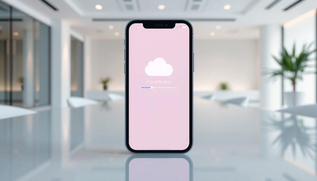 A sleek, modern iPhone displayed prominently in the center, its screen illuminated with an iCloud backup progress bar. In the background, a serene, minimalist office setting with clean lines and soft, diffused lighting, suggesting a peaceful, focused environment. The iPhone's reflection on a glossy surface adds depth and a sense of seamless integration. The overall scene conveys a sense of effortless data transfer and a smooth, hassle-free user experience when restoring from an iCloud backup onto a new device. A sleek, modern iPhone displayed prominently in the center, its screen illuminated with an iCloud backup progress bar. In the background, a serene, minimalist office setting with clean lines and soft, diffused lighting, suggesting a peaceful, focused environment. The iPhone's reflection on a glossy surface adds depth and a sense of seamless integration. The overall scene conveys a sense of effortless data transfer and a smooth, hassle-free user experience when restoring from an iCloud backup onto a new device.
