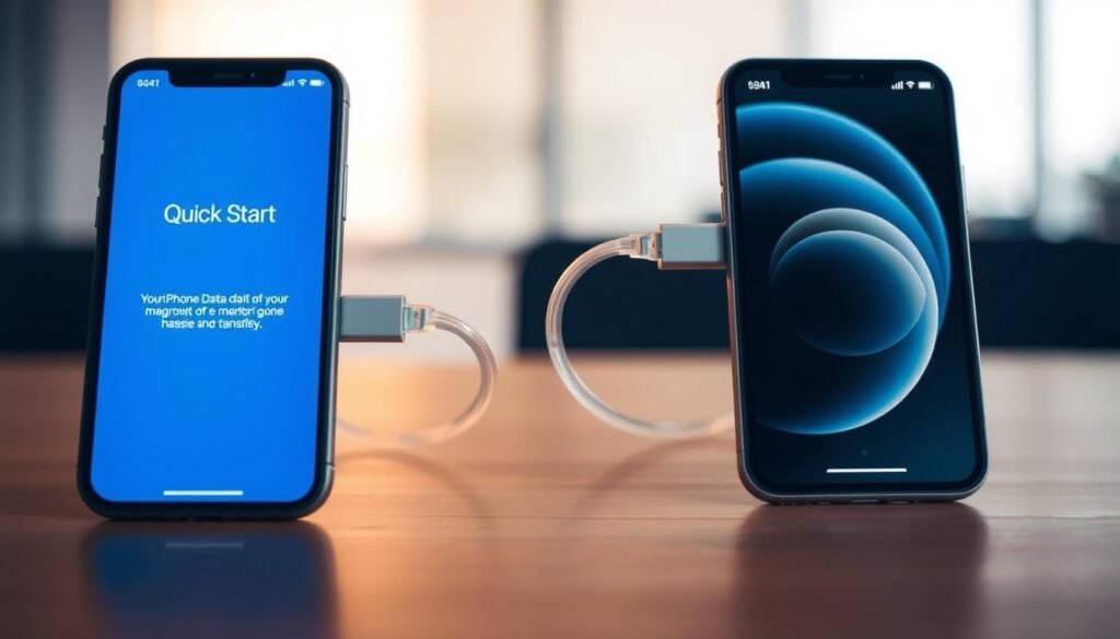 A sleek, modern iPhone in the foreground, its screen illuminated with a glowing "Quick Start" interface. In the middle ground, two iPhones are connected via a translucent data cable, the transfer process in progress. The background features a subtle, blurred office environment, conveying a sense of efficiency and productivity. Warm, directional lighting highlights the devices, creating a clean, professional atmosphere. The composition emphasizes the seamless, hassle-free transfer of data between iPhones, reflecting the article's subject matter. A sleek, modern iPhone in the foreground, its screen illuminated with a glowing "Quick Start" interface. In the middle ground, two iPhones are connected via a translucent data cable, the transfer process in progress. The background features a subtle, blurred office environment, conveying a sense of efficiency and productivity. Warm, directional lighting highlights the devices, creating a clean, professional atmosphere. The composition emphasizes the seamless, hassle-free transfer of data between iPhones, reflecting the article's subject matter.