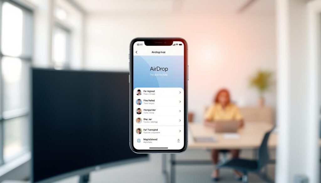 A sleek, modern iPhone screen displaying the AirDrop interface, with two user profiles visible and a file transfer in progress. The screen is centered against a blurred background of a contemporary office or workspace, with clean lines and neutral tones. Warm, natural lighting filters in, creating a sense of productivity and efficiency. The overall composition emphasizes the simplicity and ease of use of the AirDrop feature, reflecting the article's focus on selective data transfer between iOS devices. A sleek, modern iPhone screen displaying the AirDrop interface, with two user profiles visible and a file transfer in progress. The screen is centered against a blurred background of a contemporary office or workspace, with clean lines and neutral tones. Warm, natural lighting filters in, creating a sense of productivity and efficiency. The overall composition emphasizes the simplicity and ease of use of the AirDrop feature, reflecting the article's focus on selective data transfer between iOS devices.