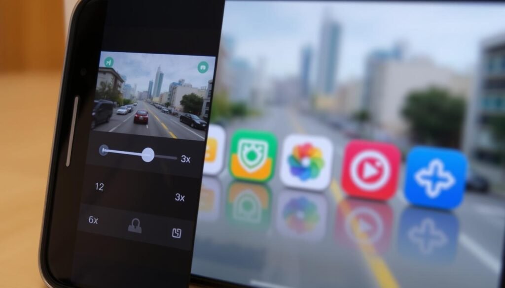A smartphone screen in the foreground, displaying a video player interface with a slider control for adjusting playback speed, ranging from 1x to 3x. In the middle ground, a series of colorful app icons representing third-party video editing and speed enhancement tools. The background features a blurred cityscape, suggesting the versatility of these apps in real-world settings. The lighting is natural, with a warm, inviting tone. The camera angle is slightly elevated, providing a clean, unobstructed view of the scene.