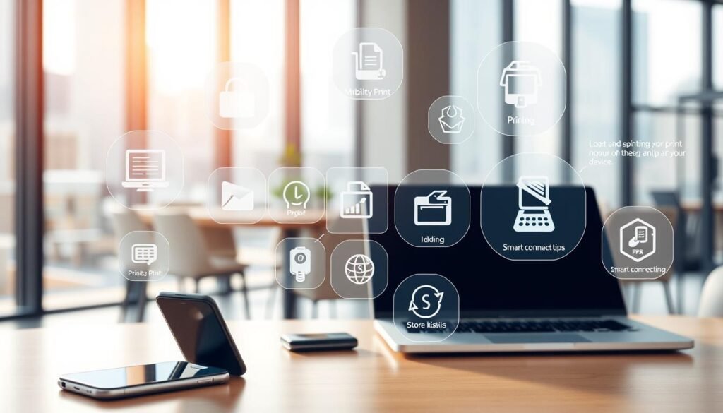 A vibrant, high-resolution image showcasing various methods to print from a mobile device. The foreground features a smartphone, tablet, and laptop, with a diverse array of print options appearing as floating holographic interfaces around them, including Mobility Print, store kiosks, and smart connectivity tips. The middle ground depicts a modern, minimalist office setting with sleek furniture and neutral tones. The background is a softly blurred cityscape, suggesting the versatility and mobility of these printing solutions. The lighting is warm and natural, creating a sense of productivity and innovation. Captured from a slightly elevated angle to highlight the array of printing options available at one's fingertips. A vibrant, high-resolution image showcasing various methods to print from a mobile device. The foreground features a smartphone, tablet, and laptop, with a diverse array of print options appearing as floating holographic interfaces around them, including Mobility Print, store kiosks, and smart connectivity tips. The middle ground depicts a modern, minimalist office setting with sleek furniture and neutral tones. The background is a softly blurred cityscape, suggesting the versatility and mobility of these printing solutions. The lighting is warm and natural, creating a sense of productivity and innovation. Captured from a slightly elevated angle to highlight the array of printing options available at one's fingertips.