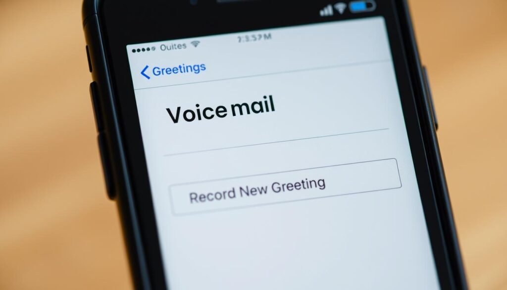 A well-lit, closeup shot of a modern smartphone screen displaying the voicemail settings interface. The iPhone interface is clearly visible, with the "Greeting" section highlighted and the "Record New Greeting" button prominently displayed. The screen is framed against a blurred, soft background, creating a sense of focus and attention on the task at hand. The lighting is natural, with a warm, inviting tone that suggests a productive, task-oriented atmosphere. The overall composition and attention to detail convey a clear and informative illustration of the process of updating a voicemail greeting on an iPhone.