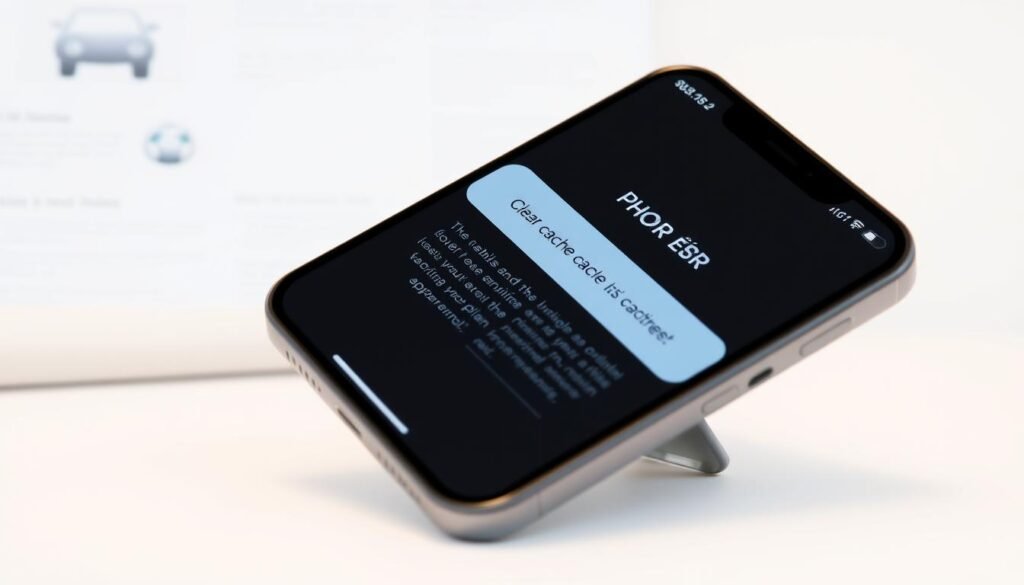 A well-lit, high-resolution digital image depicting a modern iPhone device with the "Clear Cache" menu prominently displayed on the screen. The device is positioned in the foreground, angled slightly towards the viewer, showcasing the intuitive user interface and the clear instructions for the cache clearing process. The background is a clean, minimalist workspace, providing a professional and informative setting for the image. Lighting is soft and diffused, highlighting the device's details and creating a calm, focused atmosphere. The image conveys a sense of simplicity and ease, reflecting the straightforward nature of the cache clearing task on an iPhone. A well-lit, high-resolution digital image depicting a modern iPhone device with the "Clear Cache" menu prominently displayed on the screen. The device is positioned in the foreground, angled slightly towards the viewer, showcasing the intuitive user interface and the clear instructions for the cache clearing process. The background is a clean, minimalist workspace, providing a professional and informative setting for the image. Lighting is soft and diffused, highlighting the device's details and creating a calm, focused atmosphere. The image conveys a sense of simplicity and ease, reflecting the straightforward nature of the cache clearing task on an iPhone.