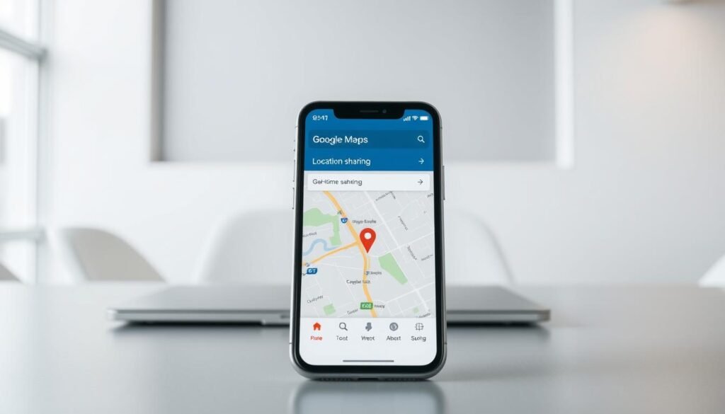 A well-lit, high-resolution image of a modern smartphone, likely an iPhone, displayed prominently in the foreground on a clean, minimalist desk surface. The iPhone's screen should clearly show a Google Maps interface with a location timeline and real-time location sharing indicators. The background should be a neutral, blurred office or workspace setting, conveying a sense of productivity and efficiency. The overall mood should be clean, modern, and focused on the technology and its practical application for tracking a lost or misplaced device. A well-lit, high-resolution image of a modern smartphone, likely an iPhone, displayed prominently in the foreground on a clean, minimalist desk surface. The iPhone's screen should clearly show a Google Maps interface with a location timeline and real-time location sharing indicators. The background should be a neutral, blurred office or workspace setting, conveying a sense of productivity and efficiency. The overall mood should be clean, modern, and focused on the technology and its practical application for tracking a lost or misplaced device.