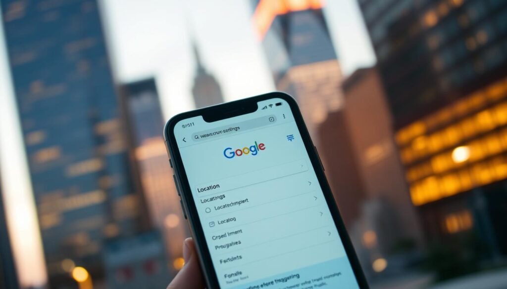 An iPhone displayed in the foreground, its screen showcasing the location settings interface. In the middle ground, a web browser window is open, displaying the Google homepage. The background features a softly blurred cityscape, with skyscrapers and city lights creating a vibrant, modern atmosphere. Warm, directional lighting illuminates the scene, casting subtle shadows and highlighting the details of the devices. The overall composition conveys the seamless integration of location services across both mobile and web platforms. An iPhone displayed in the foreground, its screen showcasing the location settings interface. In the middle ground, a web browser window is open, displaying the Google homepage. The background features a softly blurred cityscape, with skyscrapers and city lights creating a vibrant, modern atmosphere. Warm, directional lighting illuminates the scene, casting subtle shadows and highlighting the details of the devices. The overall composition conveys the seamless integration of location services across both mobile and web platforms.