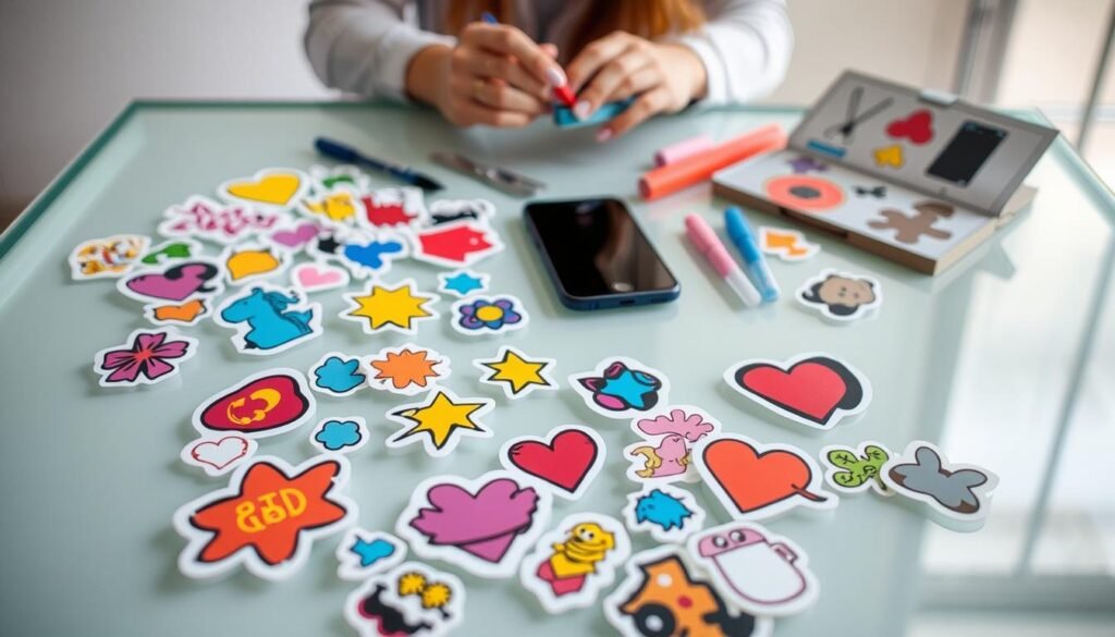 Detailed customizable stickers on a glass surface with a soft, natural lighting. In the foreground, various shaped stickers in vibrant colors and patterns are arranged creatively. The middle ground showcases the process of decorating and personalizing the stickers, with tools like scissors, markers, and a smartphone in the frame. The background depicts a minimalist, light-colored environment, highlighting the simplicity and versatility of the sticker customization experience. Detailed customizable stickers on a glass surface with a soft, natural lighting. In the foreground, various shaped stickers in vibrant colors and patterns are arranged creatively. The middle ground showcases the process of decorating and personalizing the stickers, with tools like scissors, markers, and a smartphone in the frame. The background depicts a minimalist, light-colored environment, highlighting the simplicity and versatility of the sticker customization experience.
