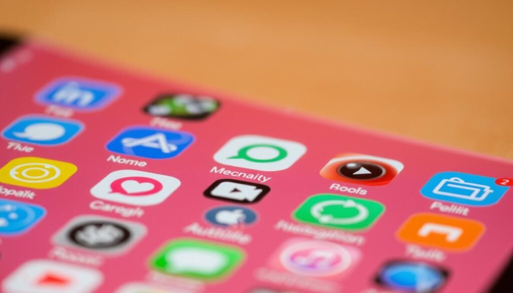 Home screen displaying a variety of iOS app icons arranged in a grid, with a soft, warm lighting illuminating the scene. The icons are diverse, representing common apps like messaging, productivity, entertainment, and utilities. The home screen is set against a blurred, neutral background, creating a clean and focused composition. The overall mood is one of organization and accessibility, reflecting the user's ability to quickly access their downloaded apps.