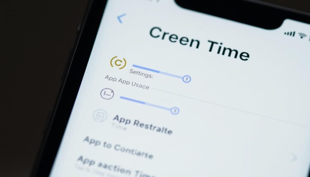 a close-up view of an iPhone screen displaying the Screen Time settings menu, with various app usage and time restriction controls prominently featured. The screen is illuminated by a soft, natural light, creating a calm and focused atmosphere. The layout is clean and organized, with intuitive icons and sliders that convey the functionality of the feature. The background is blurred, emphasizing the screen and its contents. The overall impression is one of control and customization, hinting at the ability to manage and curate one's digital experiences. a close-up view of an iPhone screen displaying the Screen Time settings menu, with various app usage and time restriction controls prominently featured. The screen is illuminated by a soft, natural light, creating a calm and focused atmosphere. The layout is clean and organized, with intuitive icons and sliders that convey the functionality of the feature. The background is blurred, emphasizing the screen and its contents. The overall impression is one of control and customization, hinting at the ability to manage and curate one's digital experiences.